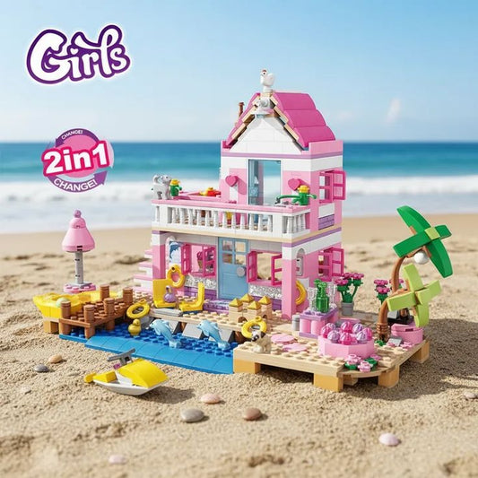Kit Blocos de Montar Vila de Praia dos Sonhos – Casa de Férias com Mini Figuras | Brinquedo Criativo DIY