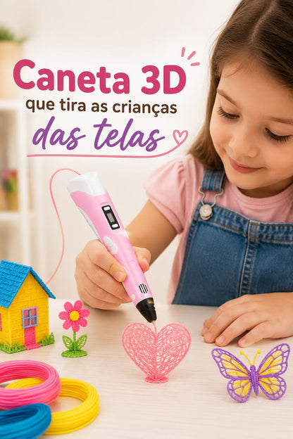 Caneta 3D Infantil com Tela LCD – Kit de Desenho 3D com Filamentos PLA e Maleta