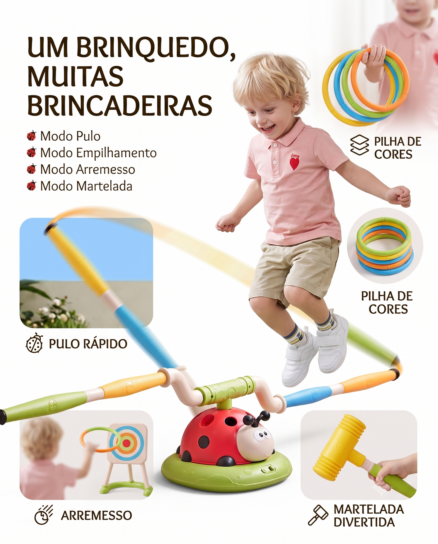 Joaninha Multifuncional – Brinquedo de Pular e Lançador de Foguetes