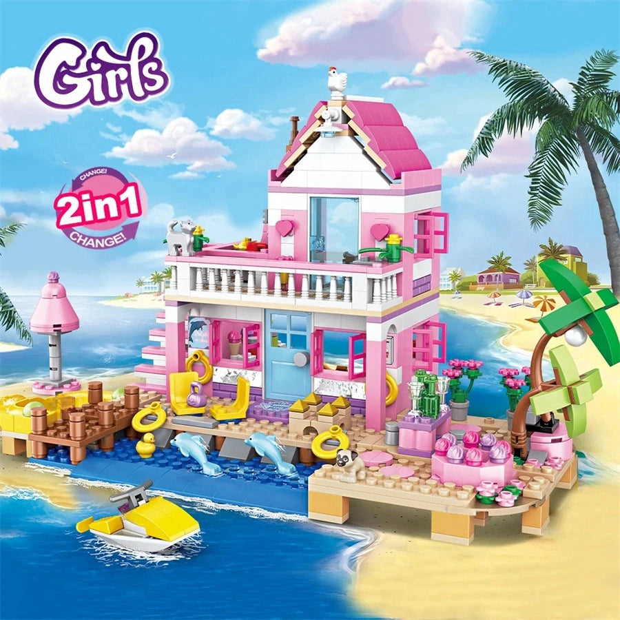 Kit Blocos de Montar Vila de Praia dos Sonhos – Casa de Férias com Mini Figuras | Brinquedo Criativo DIY