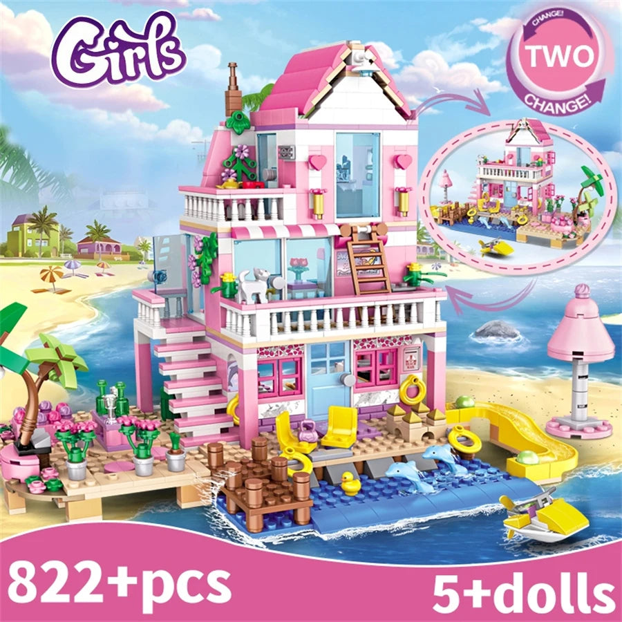 Kit Blocos de Montar Vila de Praia dos Sonhos – Casa de Férias com Mini Figuras | Brinquedo Criativo DIY