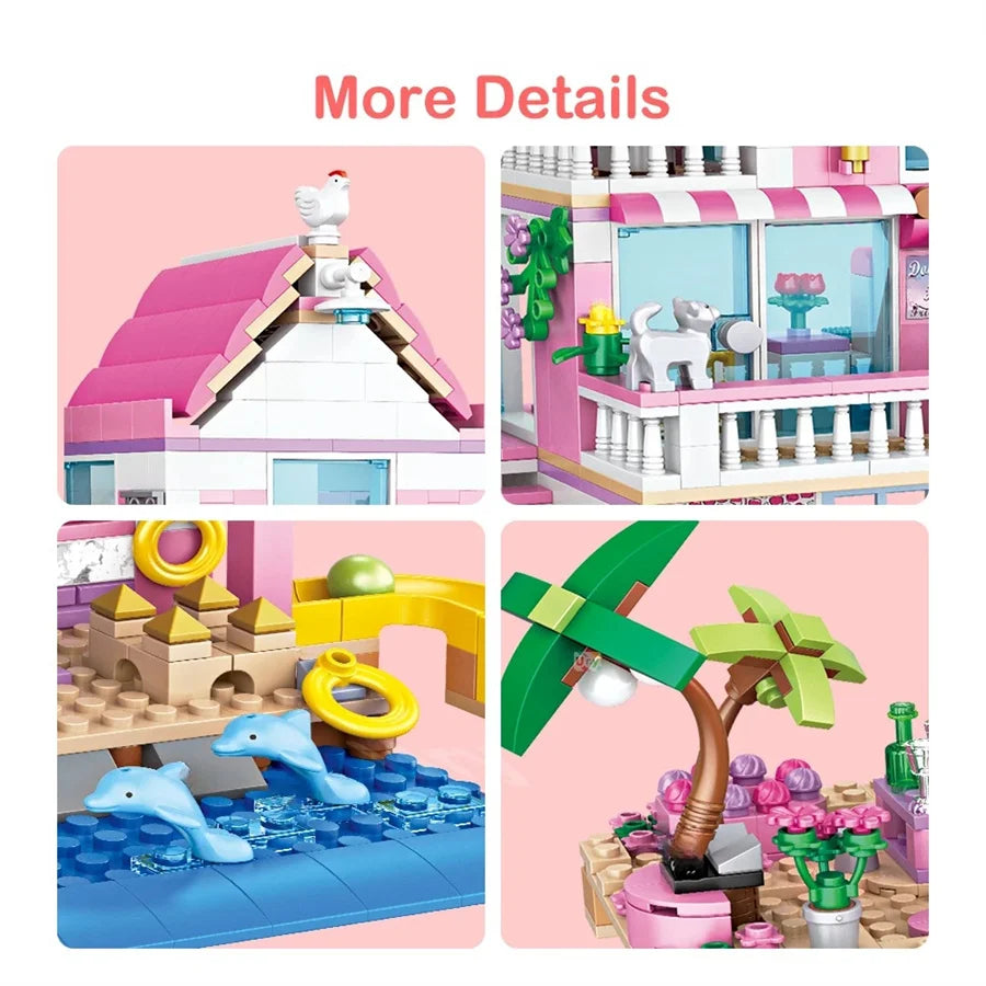 Kit Blocos de Montar Vila de Praia dos Sonhos – Casa de Férias com Mini Figuras | Brinquedo Criativo DIY