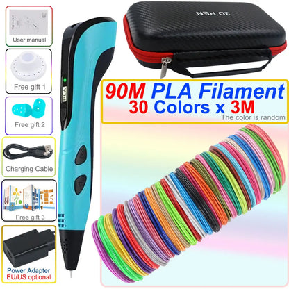 Caneta 3D Infantil com Tela LCD – Kit de Desenho 3D com Filamentos PLA e Maleta
