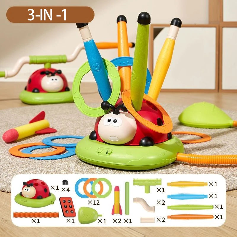 Joaninha Multifuncional – Brinquedo de Pular e Lançador de Foguetes
