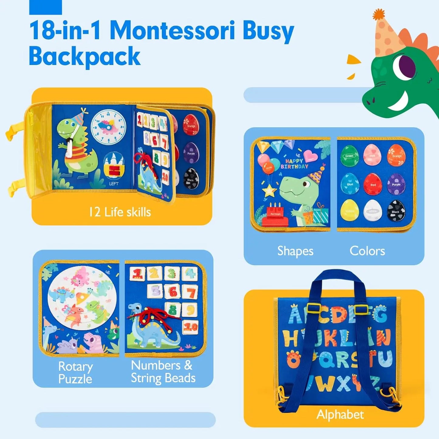 Mochila Montessori Dinossauro – Painel Sensorial Educativo para Crianças |